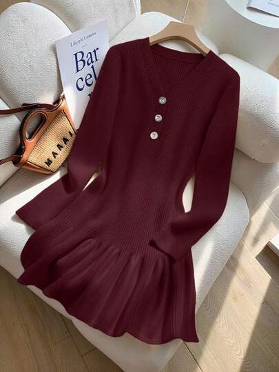 Franclia 新款秋冬法式束腰鱼尾针织连衣裙