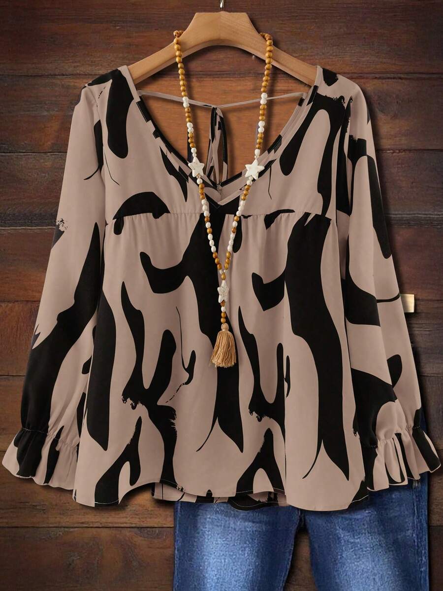 EMERY ROSE Plus Size Khaki Abstract Print V Neck Ruffle Long Sleeve Blouse Woven Fabric Top - Khaki - View 1