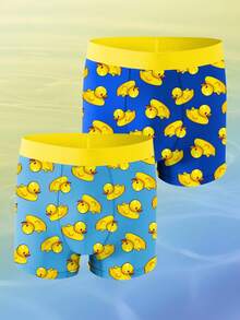 Teen Boys Trunks-Swim Trunks Boxer Brief Yellow Duck Print Blue Light Blue Two Pack Elastic Waistband Four Season 2026 New Year Essential Versatile And Comfortable Warm And Cute Style - Multicolor - View 1