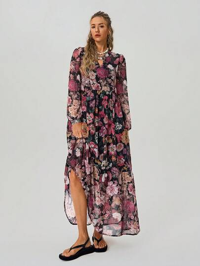 Freevana 女士休闲度假风印花V领泡泡袖荷叶边下摆宽松连衣裙，春秋季波西米亚风女装，乡村浪漫风