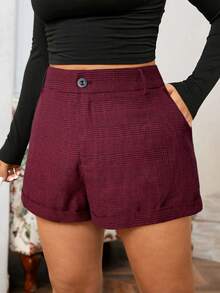 SHEIN EZwear Plus Size Spring Casual Daily Plaid Shorts With Slant Pockets Red Gingham Shorts Red Shorts For Women Burgundy Shorts Red Plaid Shorts Red Checkered Shorts Autumn/Winter,Christmas,New Year,Thanksgiving,Party,Wedding,Beach,Graduati,Chic,Elegant,Casual,Going Out,Date,Appointment,Commute - Burgundy - View 3
