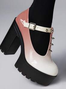 ROMWE Goth Giày cao gót đế dày thiết kế khóa thời trang phong cách Punk Ombre cho nữ - Hồng - Xem 3