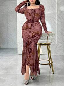 Modelyn Women's Solid Color Square Neck Fitted Elegant Long Sleeve Dress - Pink - View 1