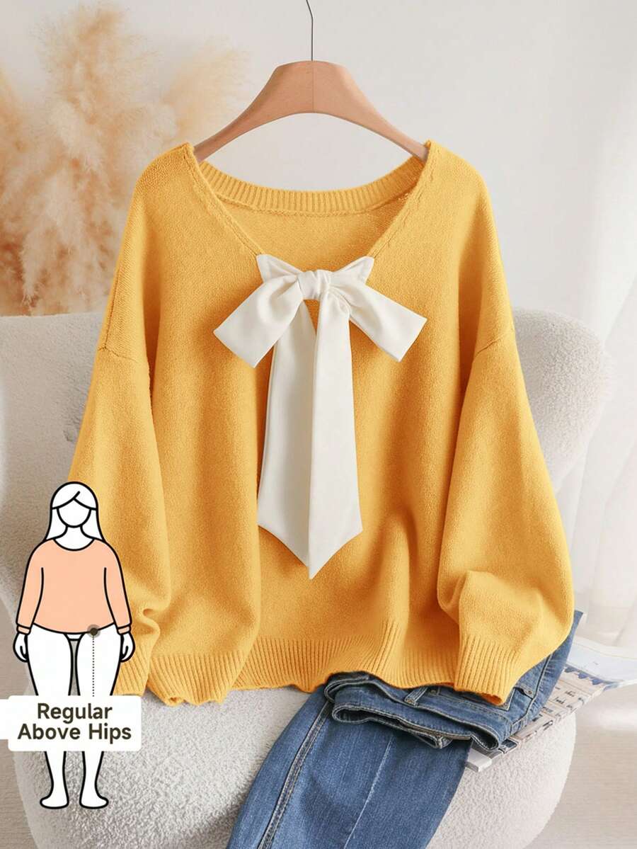 CosyJoli Suéter holgado de talla grande con cuello en V, lazo y espalda suelta - Amarillo - Ver 1
