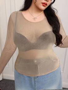 CovetEZ 加大码杏色薄纱基础款女式上衣 - 杏色 - 查看 3