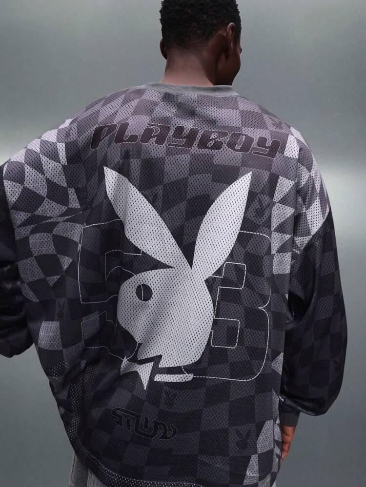 PLAYBOY X SUMWON Checkered V-Neck Long Sleeve Tee With Bunny Logo