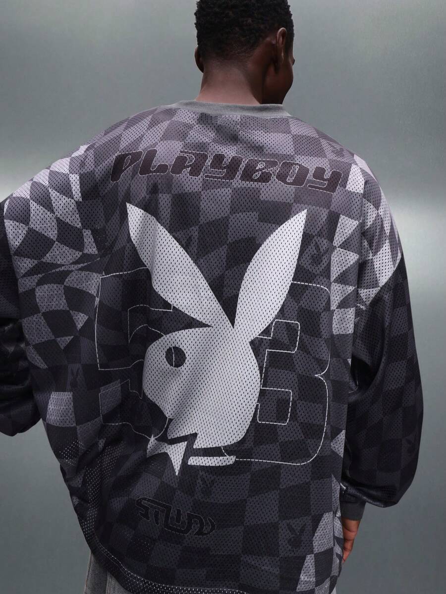 PLAYBOY X SUMWON Checkerboard Long Sleeve V-Neck Tee Bunny Logo Number 53 Jersey Tee Checkered Pattern Casual Top - Grey - View 1