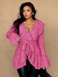 Rafferiza 女士简约优雅法式浪漫系带开衫 - 粉色 - 查看 4