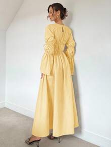 Siren Gaze 秋季新款褶皱抽绳超长喇叭袖A字连衣裙，自然色，舒适宽松休闲秋冬长款女装 - 黃色 - 查看 2