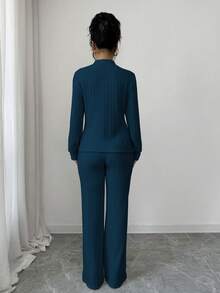 Elenzga 女士休闲长袖T恤长裤两件套，带保暖内衬，秋冬季 - 寶藍色 - 查看 2