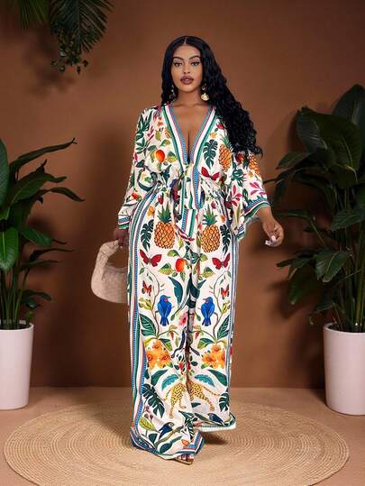 Veslaya Women Plus Size Romantic Floral Print Tie Waist Loose Jumpsuit, Elegant Resort Wear