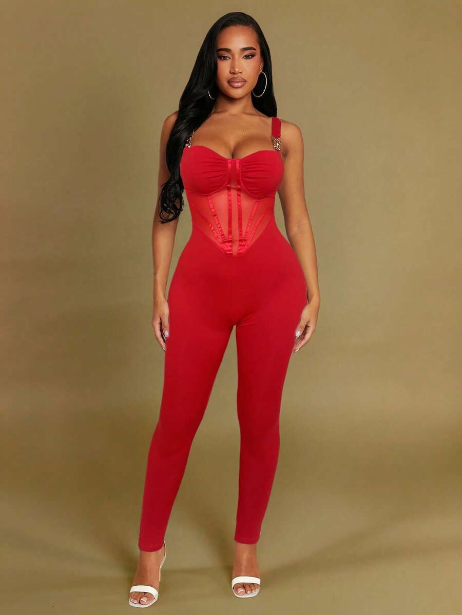 Radiana 春夏婚礼季宾客情人节优雅浪漫白色高弹针织五金装饰露背束身衣式修身长款连体裤 - 紅色 - 查看 1