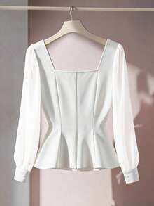 GlowEve CURVE Plus Size Women's Elegant Collared Chiffon Patchwork Long Sleeve Cinched Waist Blouse, Autumn/Winter