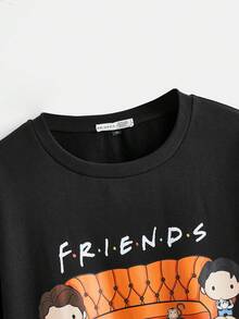 FRIENDS X SHEIN Plus Size Casual Cartoon Character & Letter Print Drop Shoulder Loose Sweatshirt, Spring & Autumn And Winter Fall - Black - View 3