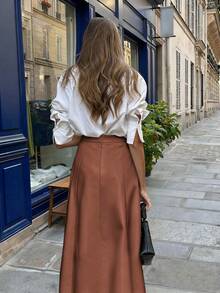 Pariaura Women's Solid Color A-Line Skirt, Suitable For Commuting - Chocolate Brown - View 2