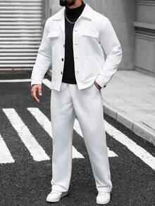 Manfinity CasualCool Men's Casual Solid Color White Autumn Suit Set,Commuter Jacket And Pants Outfit,Holiday Tuxedo For Daily Leisure,Outdoor Activities & Semi-Formal - White - View 5