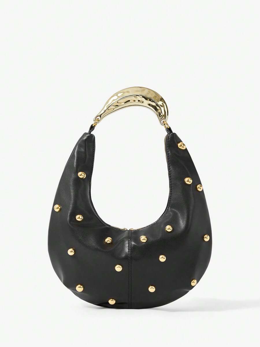 Maija Damska torba na ramię, torba typu hobo, uchwyt metalowy, PU, modna, elegancka, prosta, spersonalizowana, uniwersalna, nity, do pracy, do biura, na randkę, na co dzień, na zakupy, na popołudniową herbatę