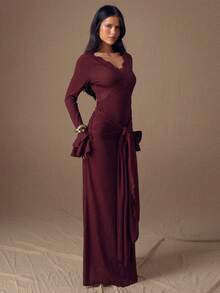 SHEIN BAE Váy xòe buộc dây màu trơn ren chắp vá thanh lịch dành cho nữ - Màu Đỏ Sâu - Xem 1