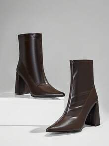 SHUZIA 女士时尚舒适弹力PU踝高跟短靴 - 棕色 - 查看 2