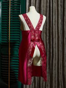 SilkySpell Plus Size Women's Wine Red Lace Patchwork Backless Sexy Criss-Cross Bow Decor Faux Silk Slip Dress - Burgundy - View 2