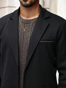 Manfinity Mode 男士加大码前开襟长袖口袋休闲商务外套，适合作为礼物送给朋友、丈夫或男友。男士黑色外套，男士双排扣外套，男士系带外套，男士长款外套，男士外衣，优雅高端的教堂风格，适合秋冬季节穿着。 - 黑色 - 查看 7