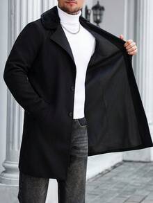 Manfinity Mode 男士加大码纯色外套，带口袋和前襟纽扣，长袖，秋季男士黑色外套，冬季男士毛领外套，黑色长款男士外套，男士长款外套，男士服装，男士商务休闲装，日常休闲，周末旅行，户外活动，探险旅行，轻松的工作环境或半正式场合，男友/丈夫礼物，周年纪念/生日礼物，派对，暑假，新年，婚礼，情人节 - 黑色 - 查看 8