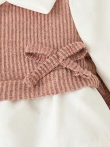 SHEIN Bộ 2 món/Bộ trang phục thường ngày cho bé gái sơ sinh, áo cổ bẻ nhiều màu và quần len rộng rãi - Bụi hồng - Xem 7