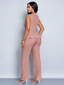 SOLERSUN 女款杏色优雅V领长袖T恤阔腿裤两件套不对称下摆两件套日常休闲女装春夏无袖短袖 - 淺粉色 - 查看 2