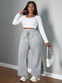 SHEIN PETITE CURVE 大码休闲低腰抽绳弹力运动裤喇叭裤保暖内衬复合绒面料运动裤，适合秋冬季穿着 - 灰色 - 查看 3