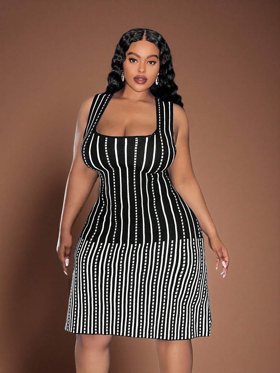 Veslaya 2025 新款时尚/法式/性感/优雅/高贵/奢华/淑女风弹力拼色修身A字提花针织连衣裙，U领无袖波浪下摆针织连衣裙带口袋，适合宴会/日常/派对/拍照/茶会 - 黑與白 - 查看 1