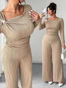 Elenzga 大码女式3D玫瑰金装饰不对称领提花针织长袖T恤+长裤两件套，适合通勤、办公、约会等场合。 - 卡其色 - 查看 7