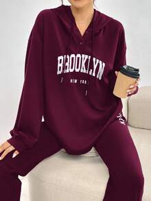 Mulvari 2pcs Women Casual Letter Print Drawstring Hooded Sweatshirt And Pants Set, Autumn 2 Pieces Set - Red Violet - View 4
