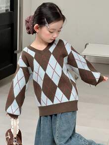 DAZY Girls Vintage V-Neck Argyle Patchwork Pullover Sweater Top, Young Girl Fall Fashion - Coffee Brown - View 4