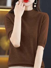 Women's Casual Solid Color Turtleneck Short Sleeve Knit Top, Autumn - Coffee Brown - View 4