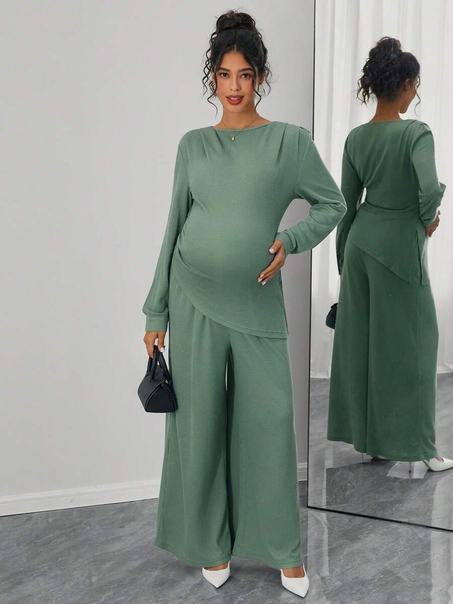 Momance Maternity Solid Waffle Knit Ruched Side Asymmetrical Hem Tee & Wide Leg Pants Set - Green - View 1