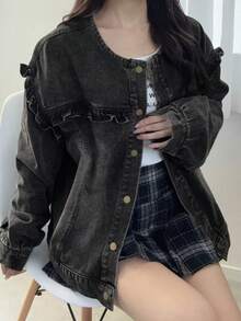 FRIFUL 女士休闲水洗牛仔外套，荷叶边下摆，秋季款 - 黑色 - 查看 7