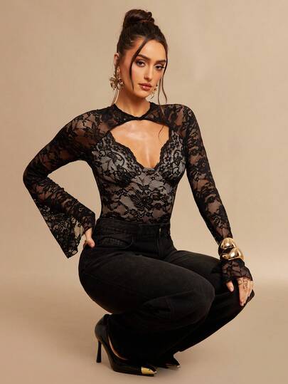Silquee This Black, Solid-Color, Sexy, Simple, Elegant, Sheer Lace, And Metallic-Embellished Square-Neck Long-Sleeved Jumpsuit Is Perfect For Spring And Summer. It's Suitable For Various Occasions, Including Valentine's Day, Work Shirts, Vacations, Beach Vacations, Social Events, Date Shirts, Gatherings With Friends, And Shopping. Lace Body Suit Sexy Bodysuit Bodysuit Long Sleeve Lace Bodysuit Bodysuits For Women