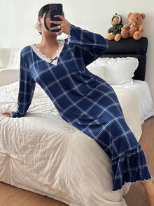 Napfluff CURVE Napfluff CURVE Plus Size Women's Navy Blue Plaid Print Ruffle Trim Lace V-Neck Bow Tie Super Soft Milk Silk Long Sleeve Nightgown, Casual Comfortable Wear As Midi Dress, Moo Moo Night Dress - Navy Blue - View 6