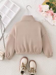 SHEIN Young Girl Zip-Up Drawstring Long Sleeve Warm Fleece Fashionable Casual Stand Collar Sweatshirt Jacket Khaki Zip Up In Fall/Winter Zip Up Top Khaki Top Sweatshirt Plain Color Zip Up Sweatshirt Chic Beige Cropped Sweatshirt Jacket With Full Zip And Stand Collar Ideal For Casual Fall Spring - Khaki - View 11