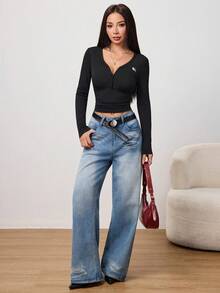 Flirla Petite 女士V领短款针织上衣，春秋季，刺绣设计，修身T恤，秋季服装 - 黑色 - 查看 6