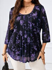 Miaspire Áo kiểu nữ cỡ lớn màu xanh hải quân in hoa, tay lỡ 3/4, thích hợp cho mùa hè. - Màu tím - Xem 5