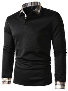 Manfinity Mode 男士长袖纹理面料拼接格子图案 Polo 衫，适合秋冬季休闲穿着和户外搭配 - 黑色 - 查看 3