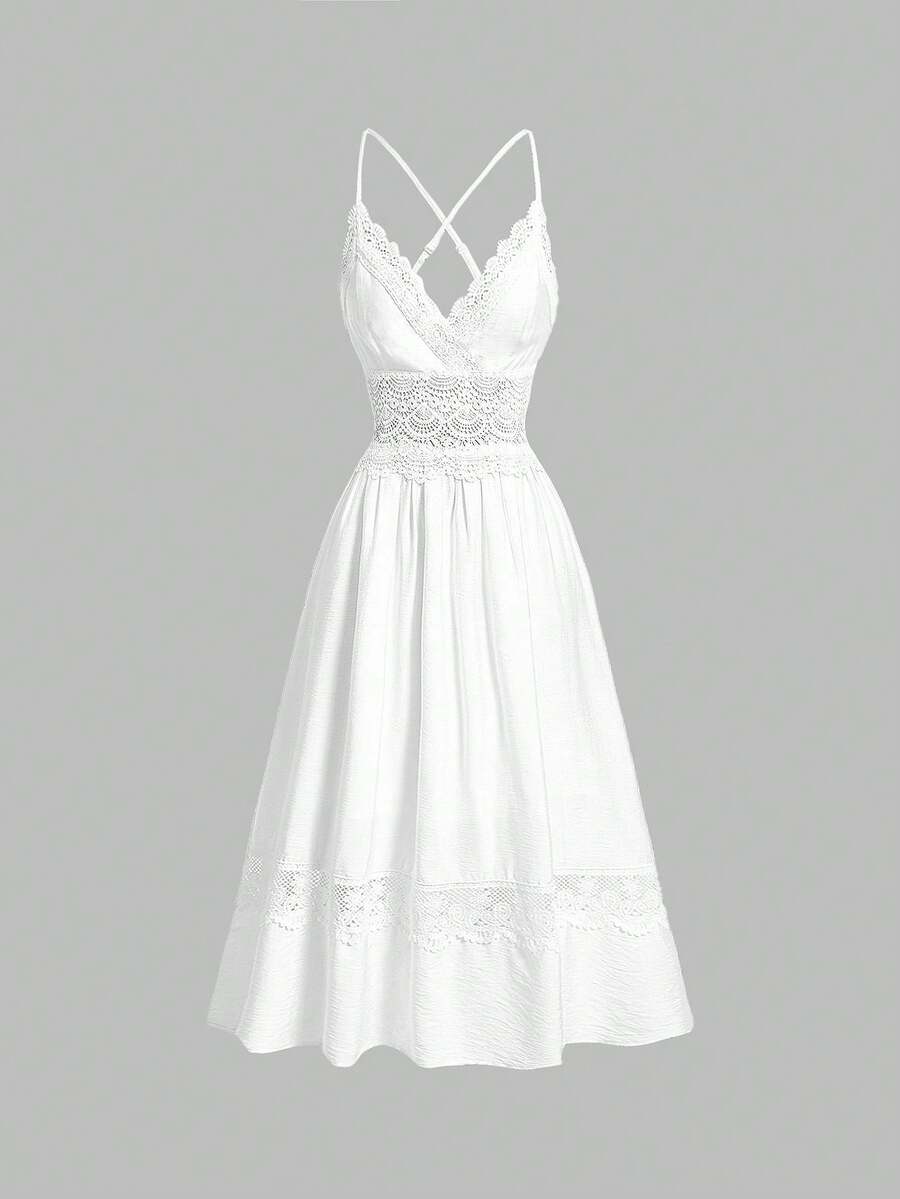SHEIN MOD White Vintage Lace Trim Spaghetti Strap Women's Dress,Crochet Dress,White Flowy Dress