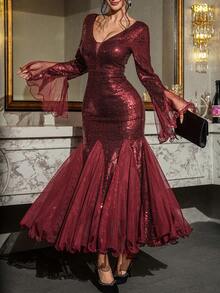 DAZY 女士优雅派对纯色亮片网纱拼接喇叭袖连衣裙 新年圣诞节嘉年华闪亮连衣裙 - 酒紅色 - 查看 1