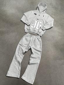 STEELVANCE 男士芝加哥标语印花卫衣和运动裤两件套，秋季穿搭 - 灰色 - 查看 2