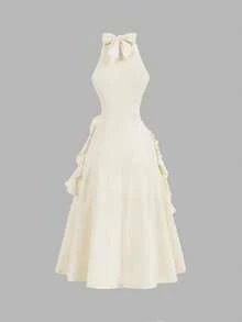 SHEIN MOD 杏色3D立体花朵露背连衣裙，荷叶边下摆，单身派对礼服，中长款女装，秋季连衣裙，奶油色连衣裙，晚礼服，返校节礼服，秋季服装 - 杏色 - 查看 2