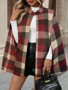 EMERY ROSE 女士格子披肩袖优雅宽松羊毛大衣，秋冬款 - 棕色 - 查看 5