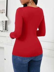 SHEIN Lady Áo thun tay dài phối lưới thanh lịch mùa thu dành cho nữ - Đỏ - Xem 2