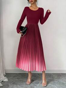 Elenzga 渐变色优雅连衣裙，饰有镂空褶皱设计，性感女士长款连衣裙套装 - 酒紅色 - 查看 3