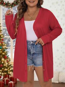 Vionelle 大码纯色前开襟长袖外套，适合新年穿着 - 紅色 - 查看 4